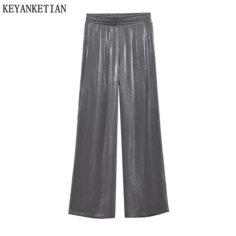 KEYANKETIAN Autumn New Women's Metallic Sparkly Silk Stretch Waist Wide-Leg Pants Fashion Vintage Dark Grey Soft Long Trousers