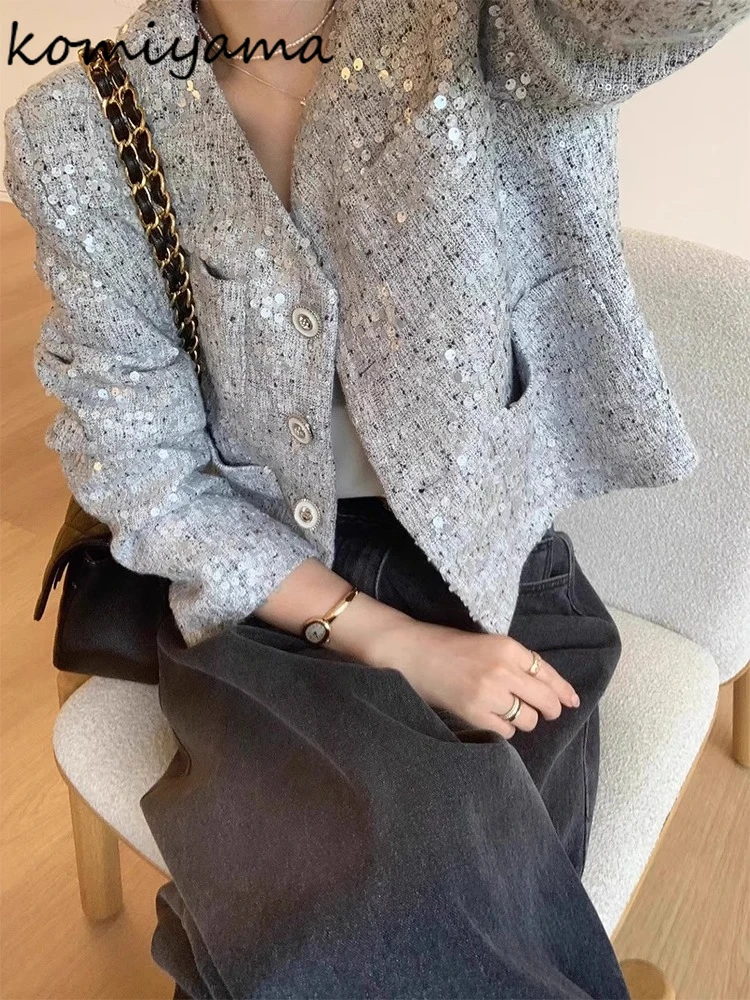 

Sequin Chaquetas De Mujer V-neck Long Sleeve 2025 Jacket Loose Casual Woman Jackets Autumn Casaco Korean Chic Outerwears