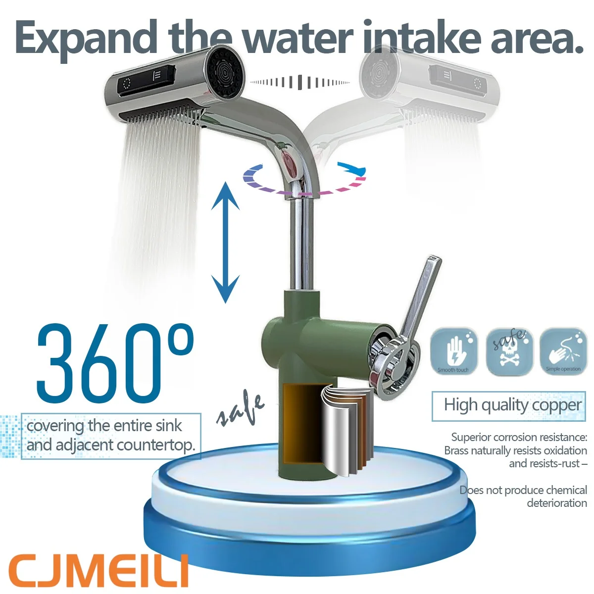 

Bathroom brass Pull-out hot and cold mixer tap, single hole, 360° rotation, height adjustment single handle basin faucet green