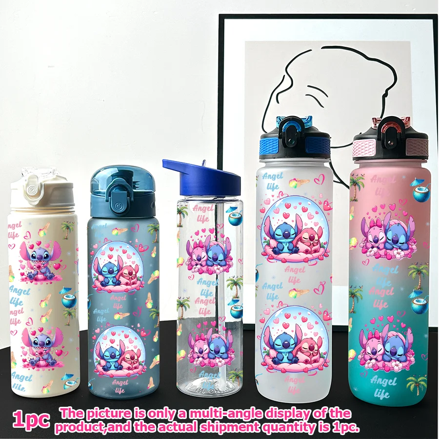 

1 шт., мультипластиковая бутылка для воды Disney Stitch Angel с принтом 23-32 унций, портативная спортивная чашка для воды, подарок на день рождения