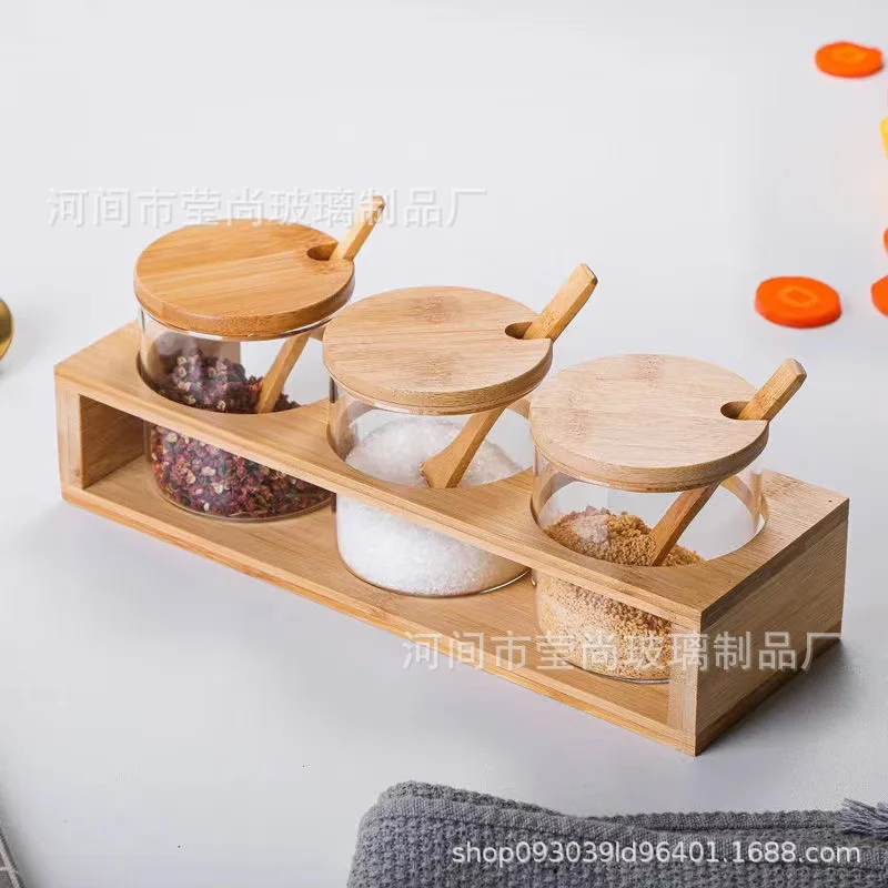 

Kitchen seasoning jars - straight glass household condiment boxes, seasoning bottles, salt jars, bamboo lid three-piece set