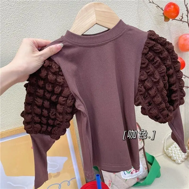 

Girls' Undercoat Autumn New Style Top Bubble Sleeve Girl's Round Neck Medium Size Children's Wear Girl's Fashionable