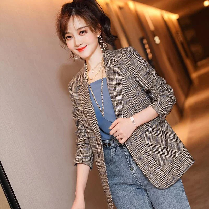 Damenmäntel und Jacken, koreanische Mode, Damen-Blazer, karierte Oberbekleidung, Frühling, Herbst, Karo-Stil, 2025, neu im Trend, lässig, Herbst