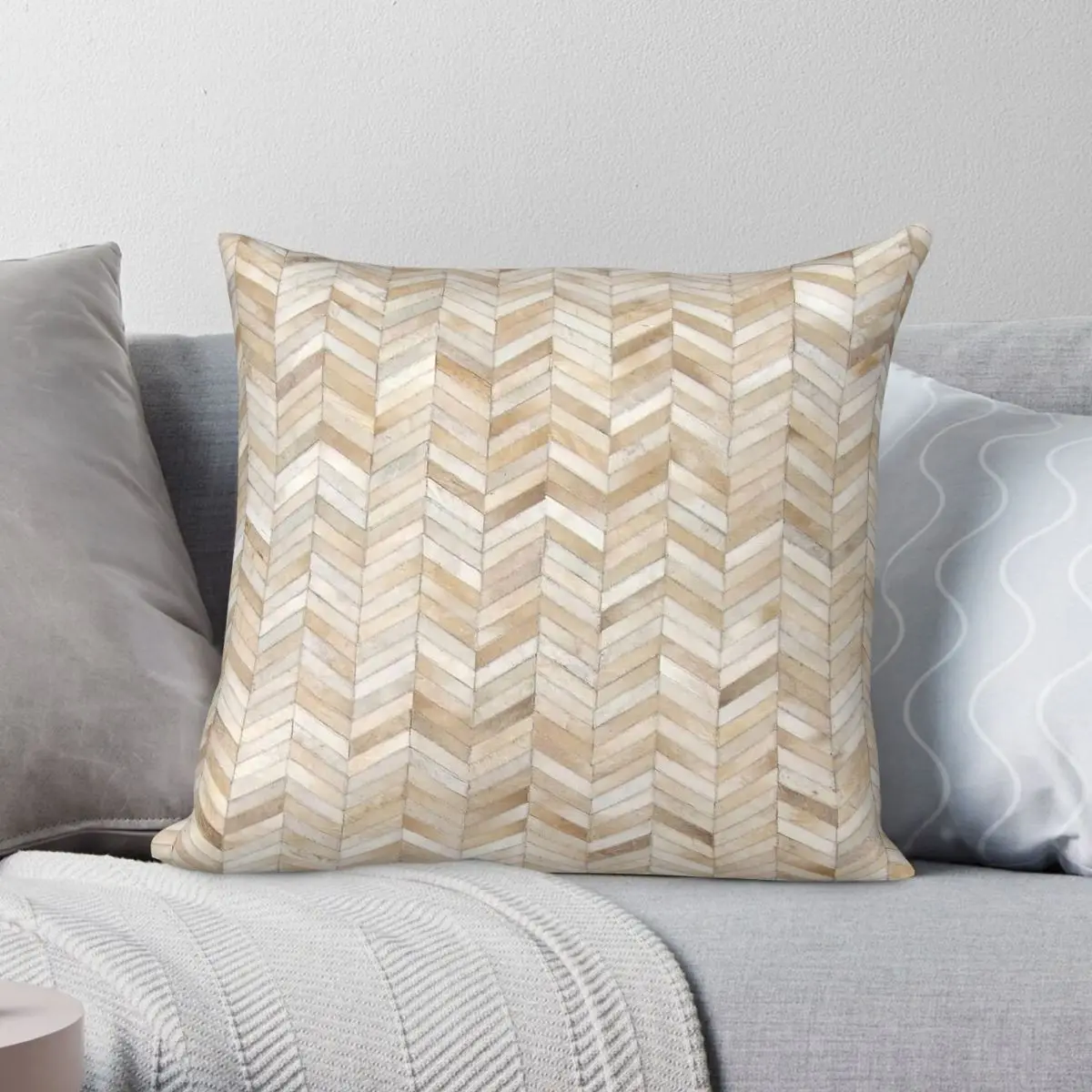 Cowhide Chevron Patchwork Cream Square Pillowcase Polyester Linen Velvet Printed Zip Decorative Throw Pillow Sofa Cushion Cover