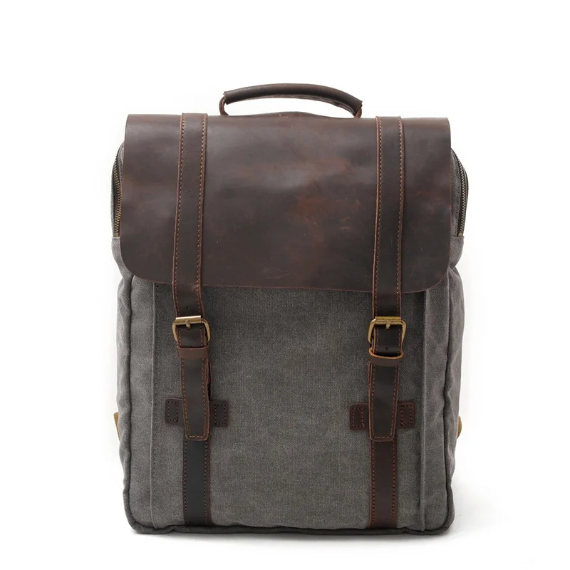 Nesitu Quality Khaki Grey Green Cyan Red A4 Laptop Canvas Genuine Leather Men Women Backpack Hiking Travel Bag Duffel M6820