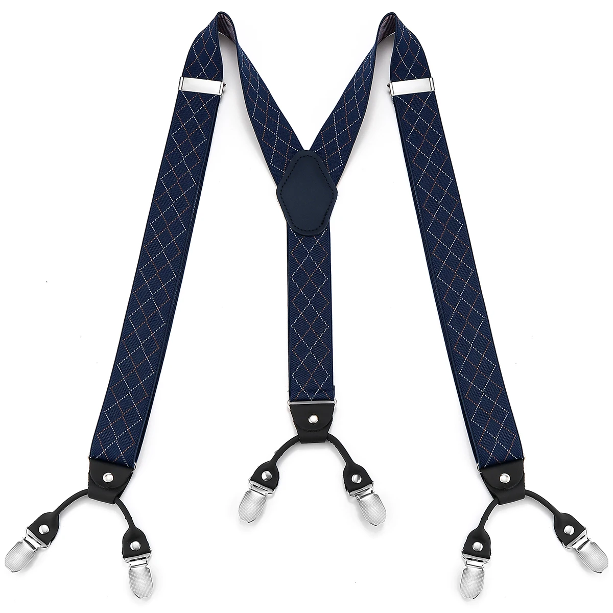 Estilo a cuadros azul marino retro británico, accesorios para pantalones de traje de caballero con seis clips para hombre, tirantes antideslizantes.