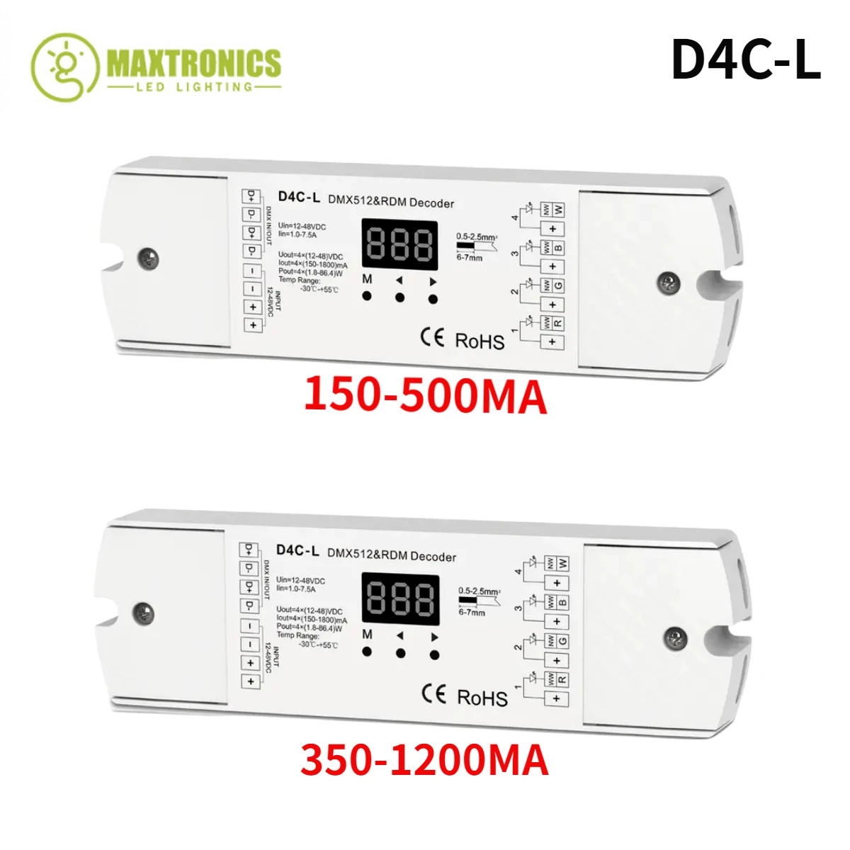 

12-48VDC DMX512 RDM Decoder 150-500MA or 350-1200MA LED Controller D4C-L 4 Channel Constant Current PWM for RGB RGBW LED Light