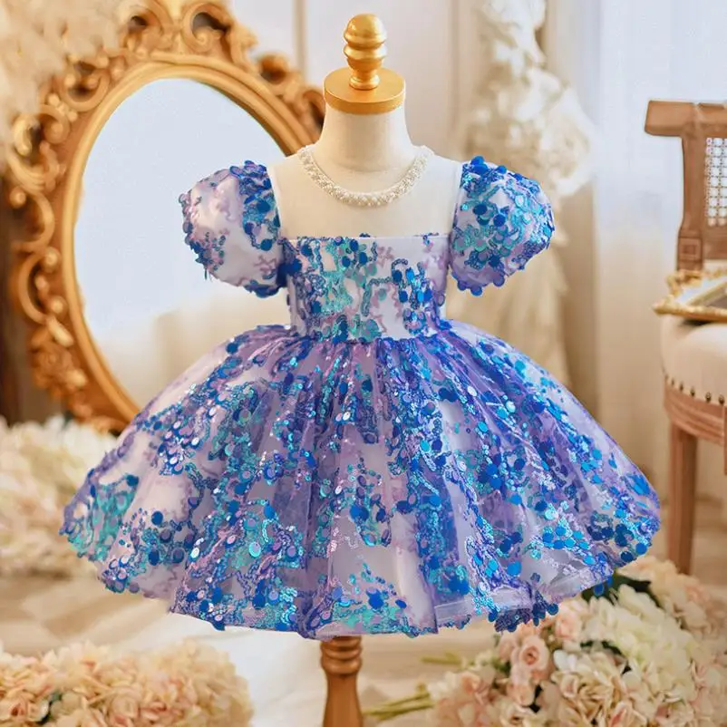 

Kids Catwalk Princess Evening Gown Wedding Birthday Girls Party Sequined Dress A3735 Vestidos Para Niñas Bridesmaid Dresses