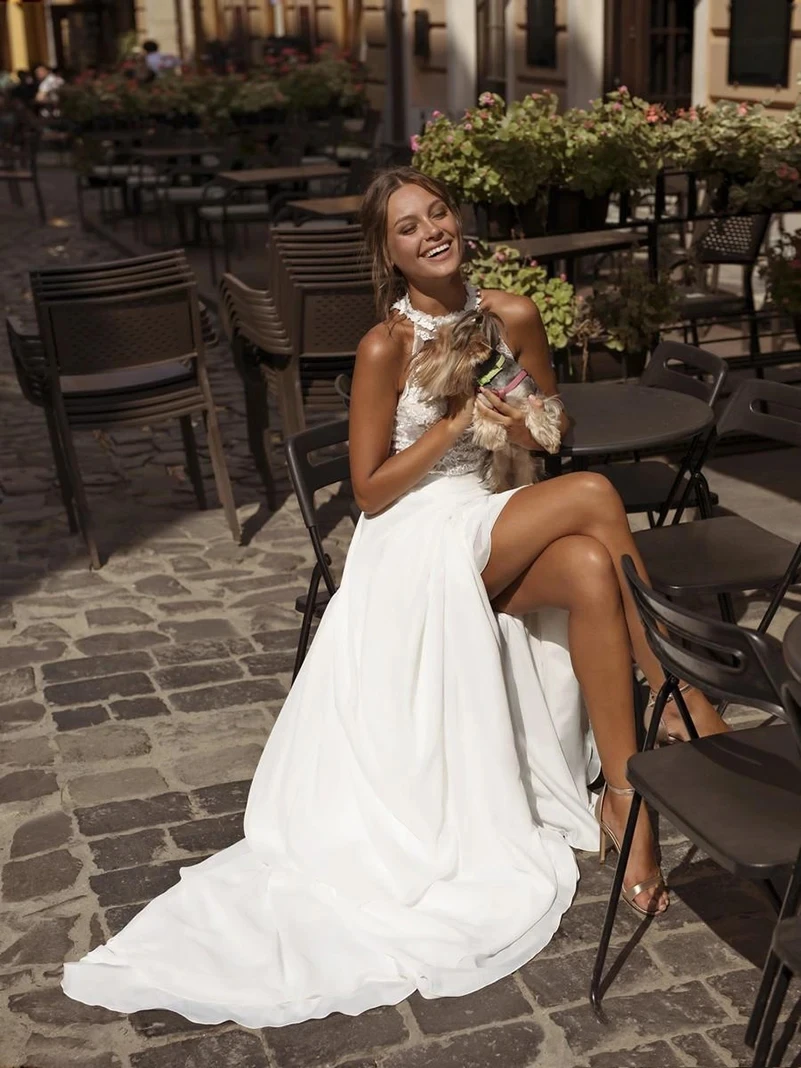 

Simple Halter Neck Wedding Dress, White Elegant High Slit, Chiffon Bohemian Bridal Dress, Beach & Church Custom Gown.