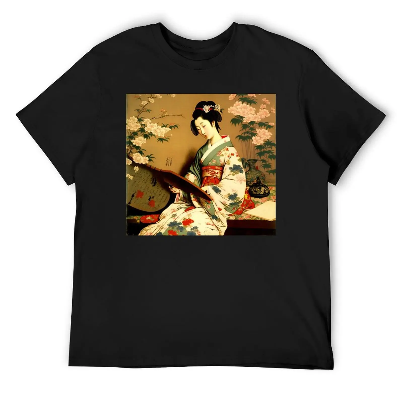 

Japanese Geisha in Kimono - Vintage Poster Wall Art with Floral Design T-Shirt sweat boys whites compression shirt men