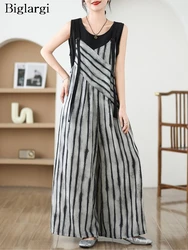 Oversized Summer V-Neck Slip Jumpsuit Women Striped Print Fashion Ladies Jumpsuits Casual Loose Wide Leg Pleated Woman Jumpsuits