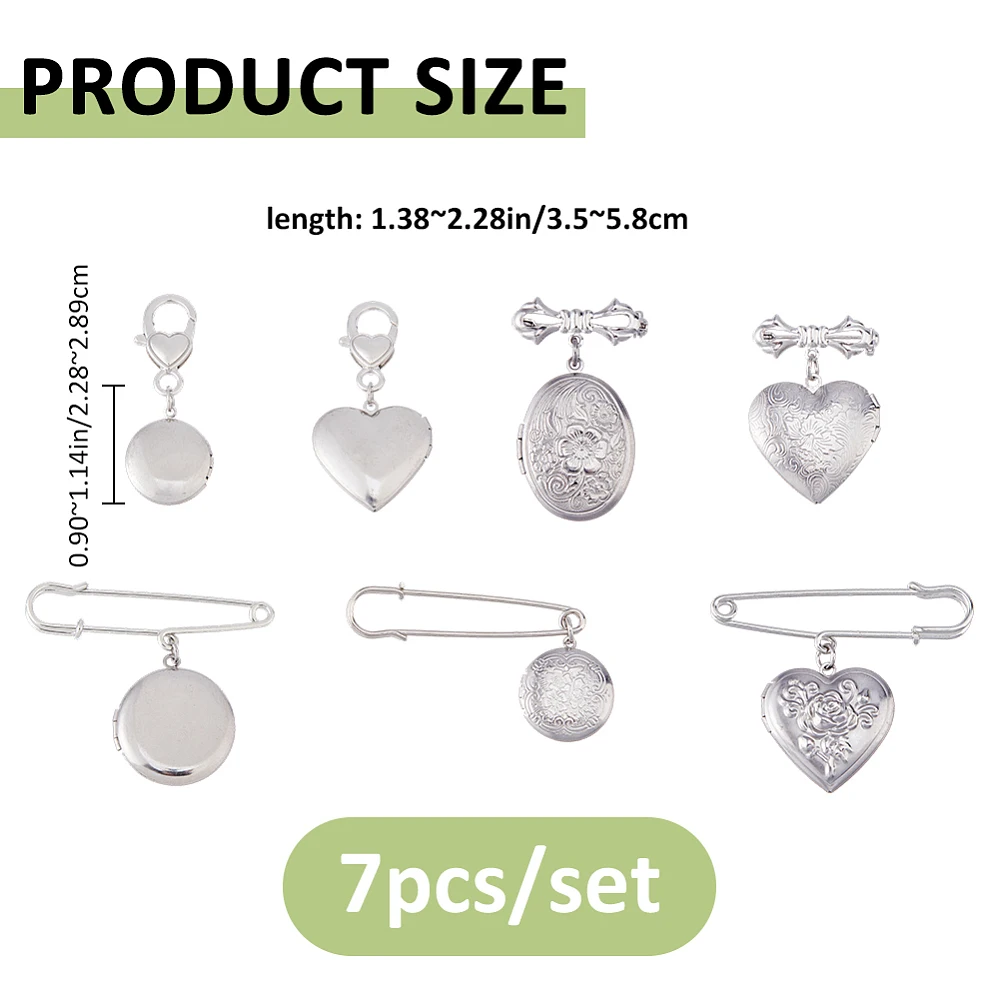 7Pcs Wedding Bouquet Photo Charm Set 35x29mm Stainless Steel Heart Picture Pendant with Glass Cabochon Dual Clasp Brooch Pin
