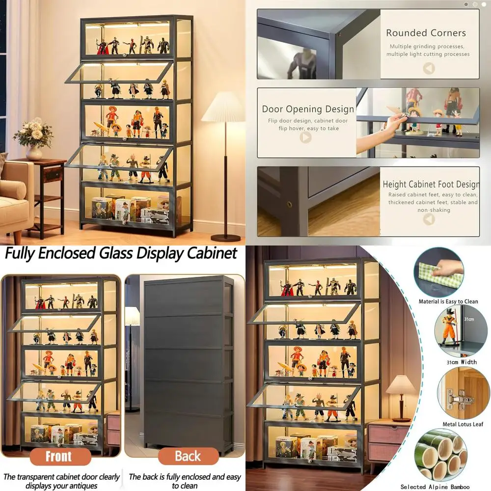 5-Tier Acrylic Glass Curio Cabinet with Adjustable Shelves for Large Storage