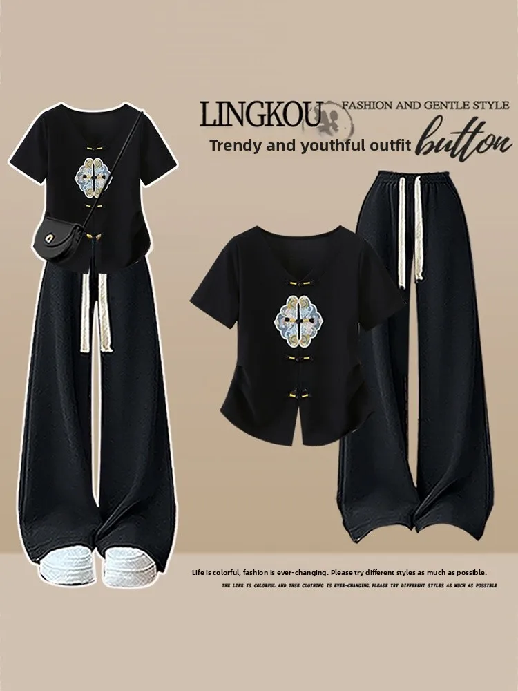Retro Summer Fashion Set Women's Stylish Lightweight National Style Button Shoulder Wide Leg Pants Two Piece Casual Sportswear