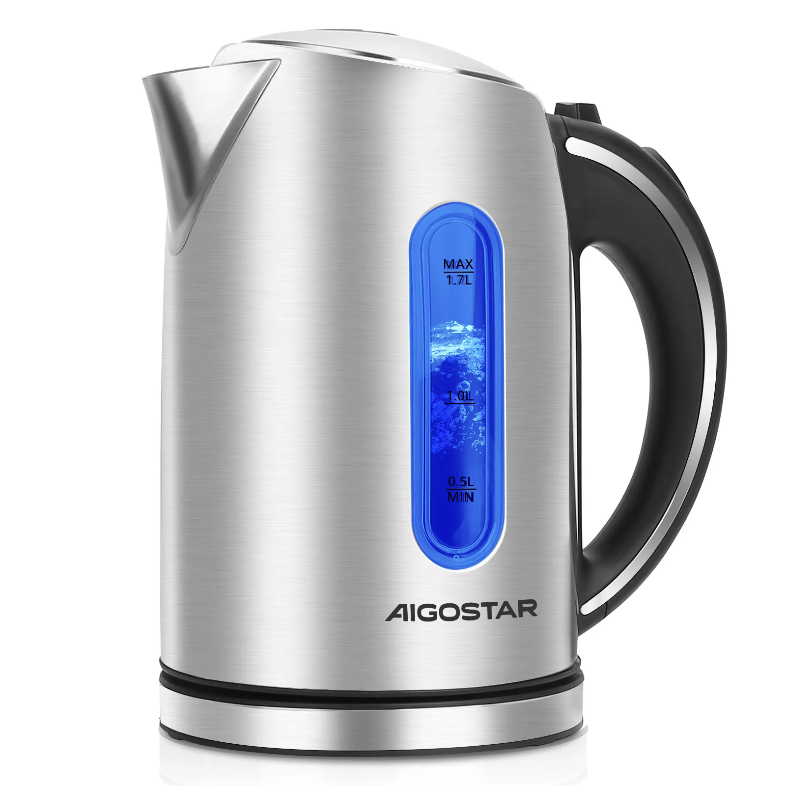 Aigostar Wasserkocher Edelstahl 1,7 liter, Elektrischer Wasserkocher mit Kalkfilter, LED Beleuchtung Wasserstandsanzeige, 2200 Watt, Verdecktes Heizelement, Abschaltautomatik, BPA frei