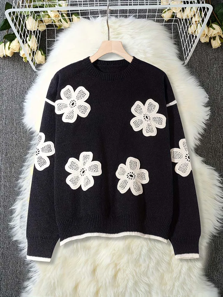 

Женский пуловер с контрастной цветочной вышивкой, круглым вырезом, свободного кроя, универсальный, элегантный, модный.