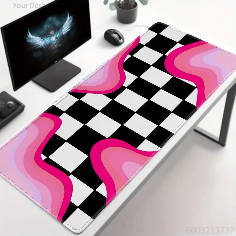 Pink Black Checkerboard Wavy Art Large Mouse Pad Waterproof Non-Slip Aesthetic Gaming Desk Mat Trendy Office Pad