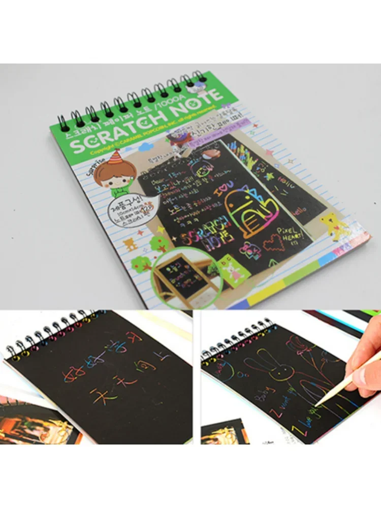 Magic Color Rainbow Scratch Paper Note Book, Caderno Preto, Brinquedos de Desenho DIY, Raspagem Pintura, Kid Doodle, Escritório, 10x14cm, 1Pc