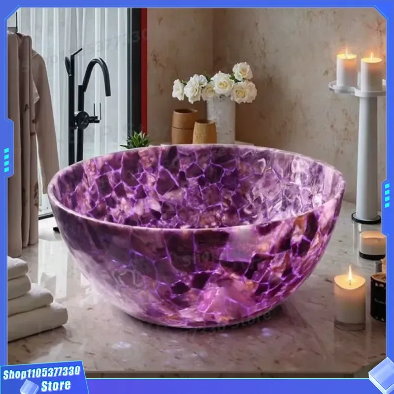 Modern Oval Bathroom Sink Natural Purple Amethyst Stone Luxury Eco Friendly Design Easy Clean Washbasin for Hotel 25 30cm