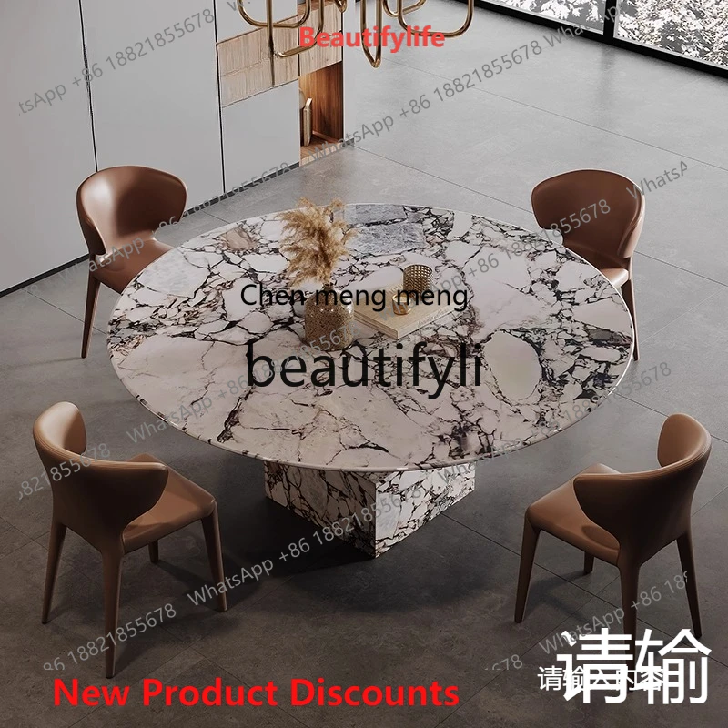 2003 Natural Marble Dining Round Table Light Luxury Minimalist Dining Table and Chair Set Postmodern Round Shape