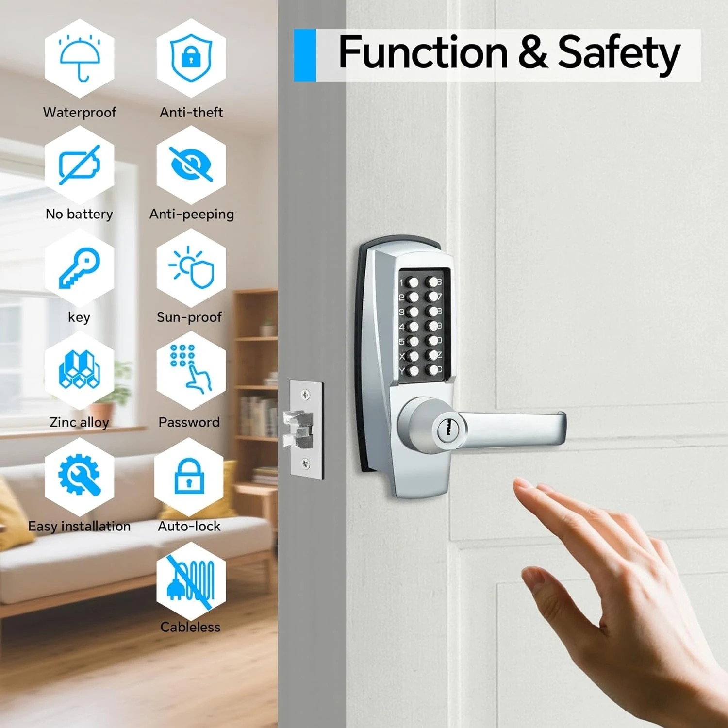 ZZZ-قفل باب الدخول الميكانيكي، 14 لوحة مفاتيح رقمية، مسمار ديدبولت مقاوم للطقس مع مقبض، قفل أمان خارجي عالي التحمل بدون