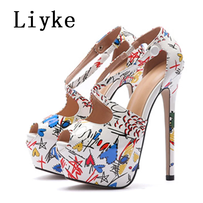 Liyke Sexy Peep Toe Super High Heels For Ladies Chic Buckle Strap Fashion Hand-Painted Leather Platform Shoes Women Pumps Sandal