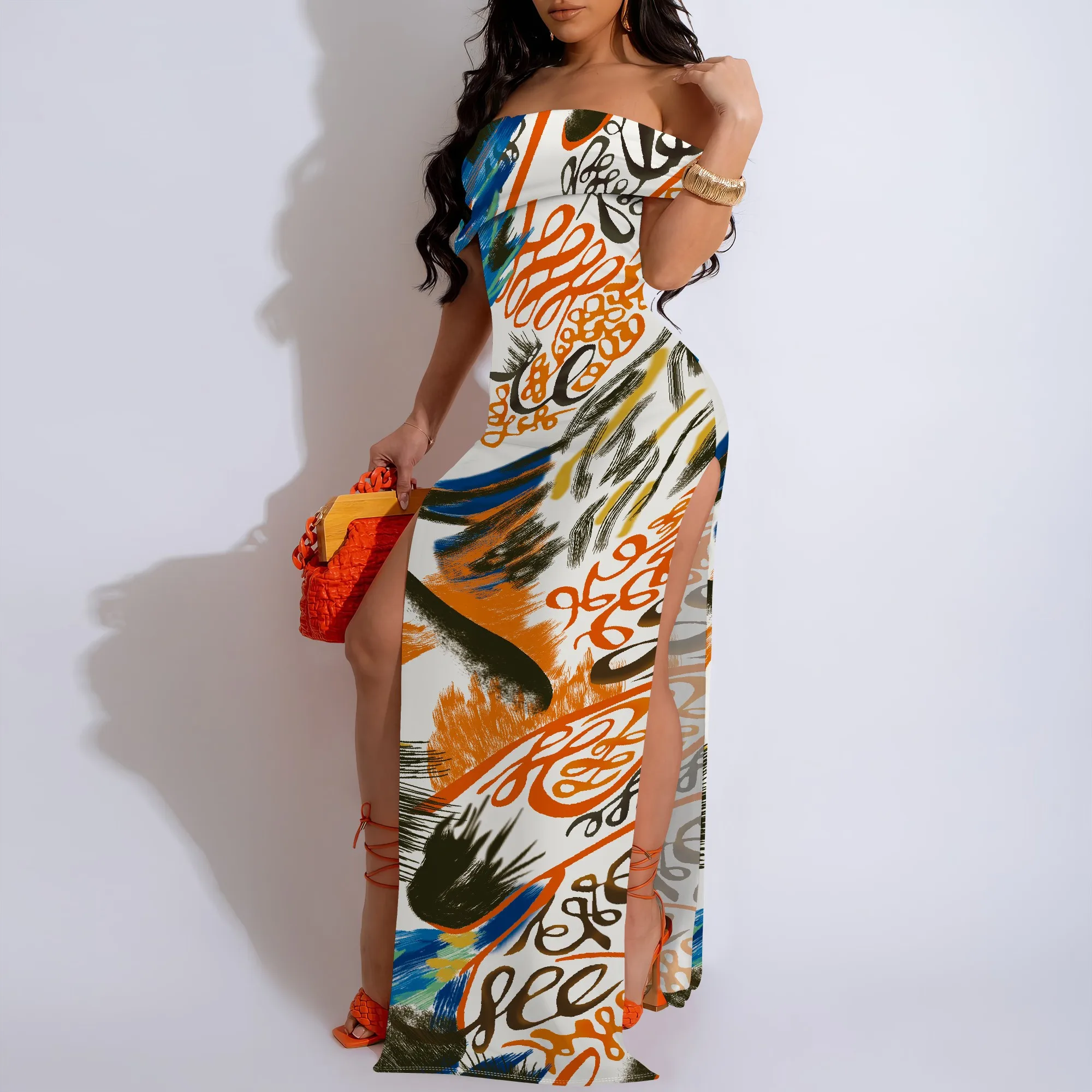 

Abstract Swirl Off-Shoulder High Slit Maxi Dress - Women's Vibrant Artistic Party Evening Resortwear Date Night