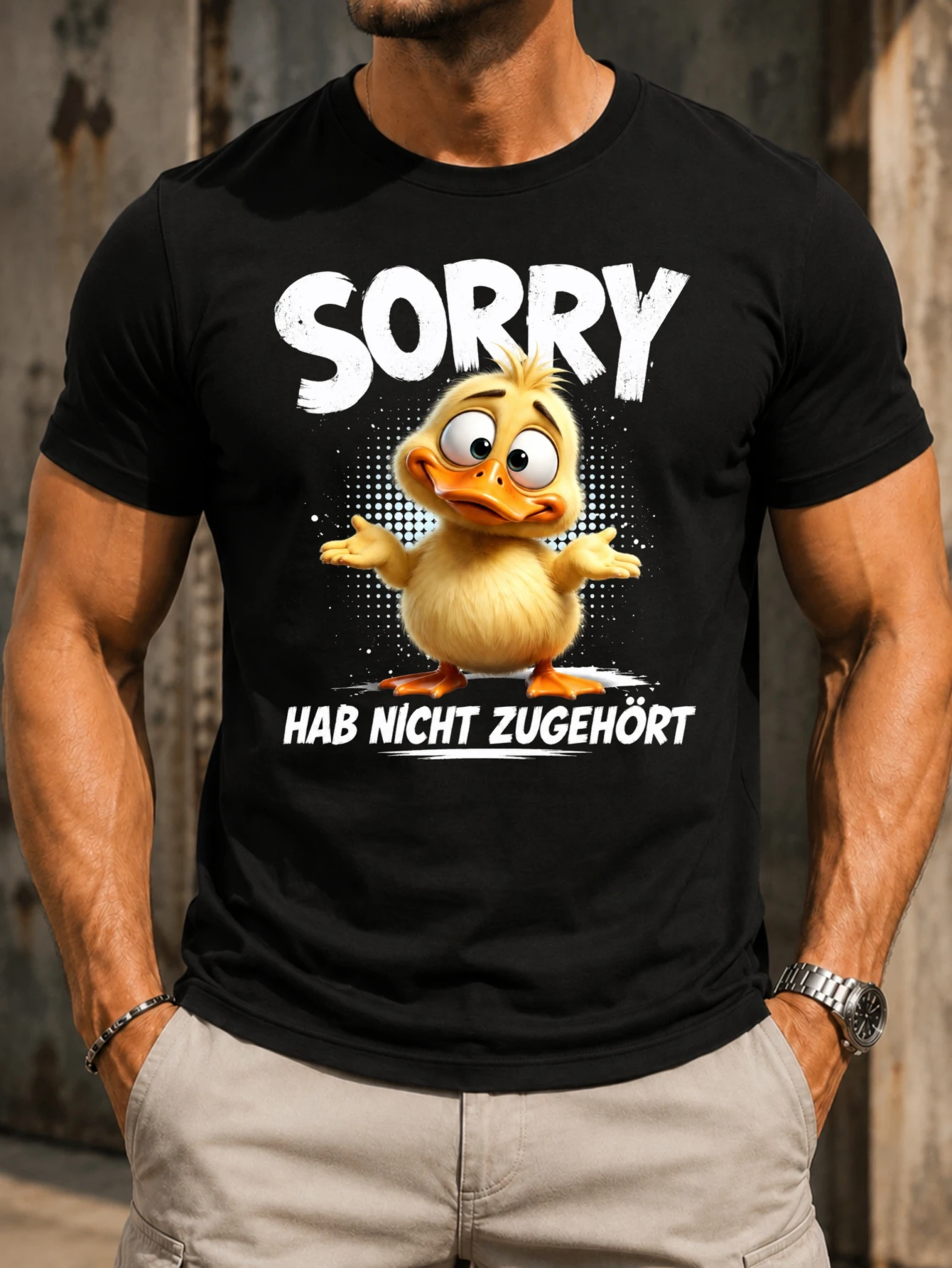 GermanSorry Hab Nicht Zugehor 3D cute duck with shrug pose bold  text and halftone dots Unisex All  Unisex All T-Shirt