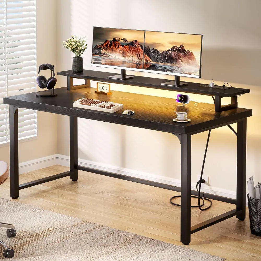 

Black Computer Desk, Modern Wood Home Office Desk for PC Writing Work, Metal Wooden Executive Workstation Student Simple
