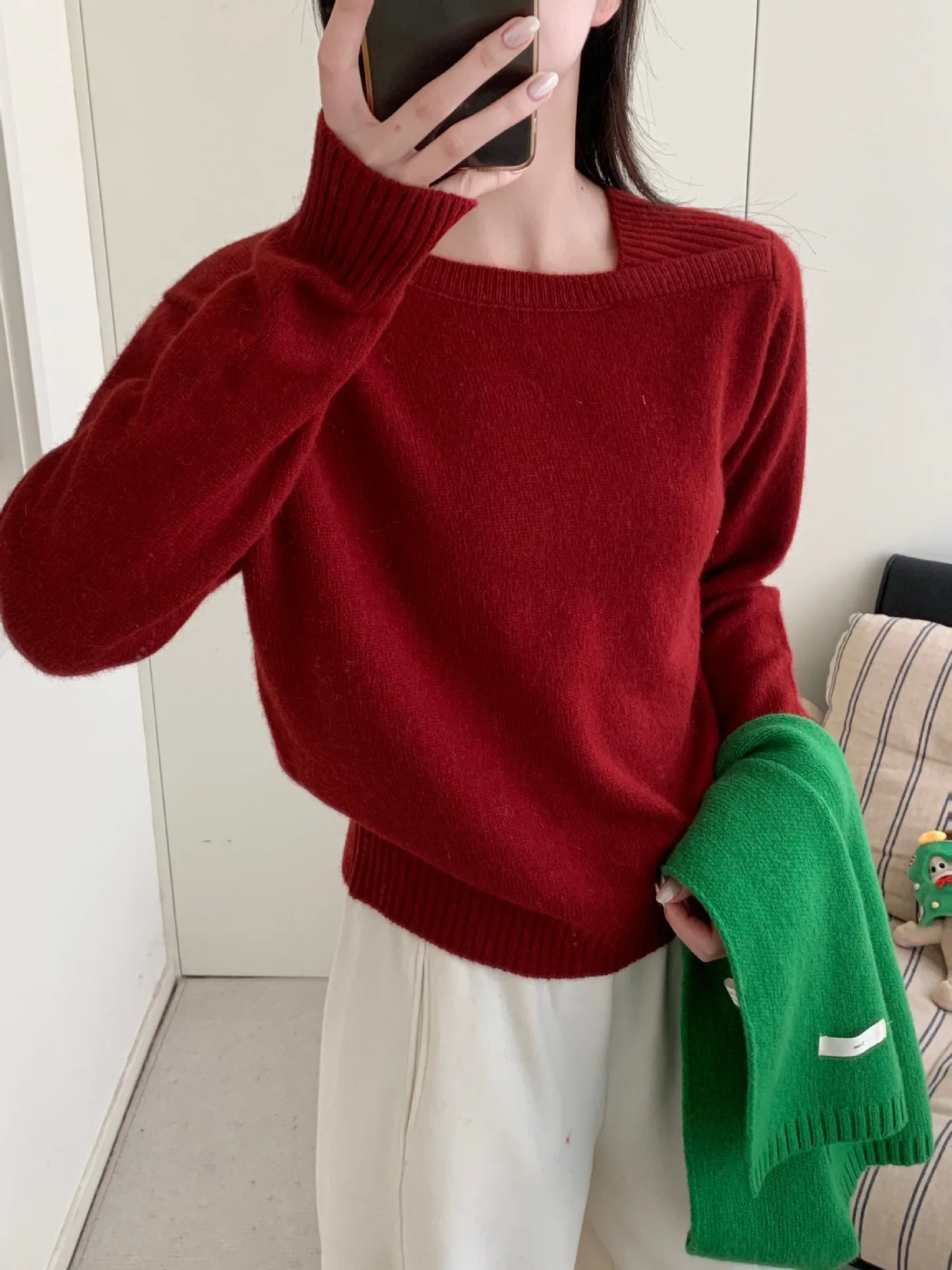 Wollen trui effen kleur gebreide trui met één schouder top zachte kleverige wollen wasbeer fluwelen trui