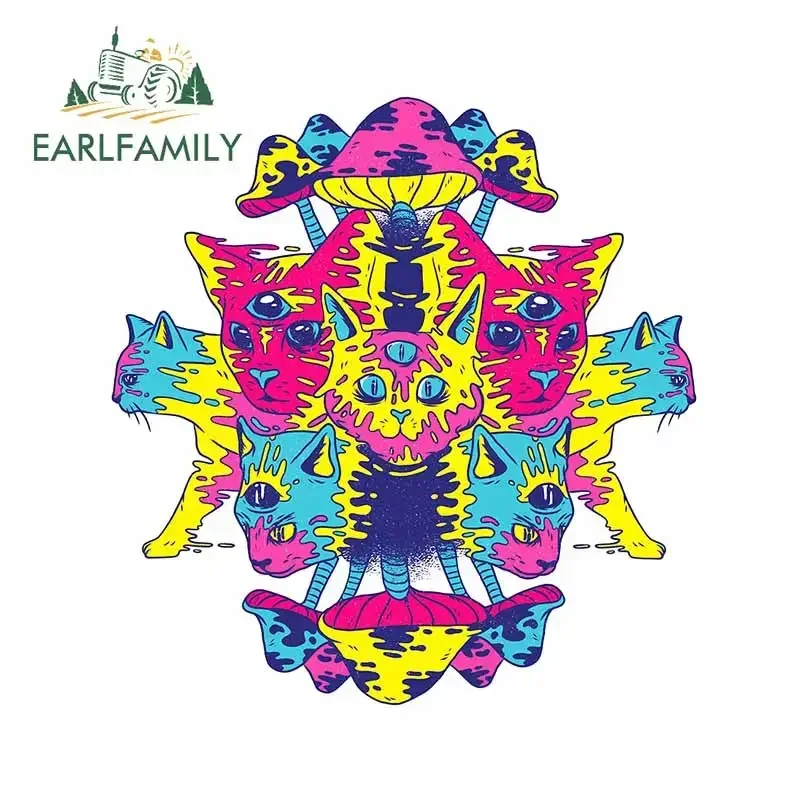 EARLFAMILY 13cm x 12.3cm Psychedelic Cats Mushrooms Car Stickers Personality Vinyl Graphic Decal Waterproof Custom Caravan Decor