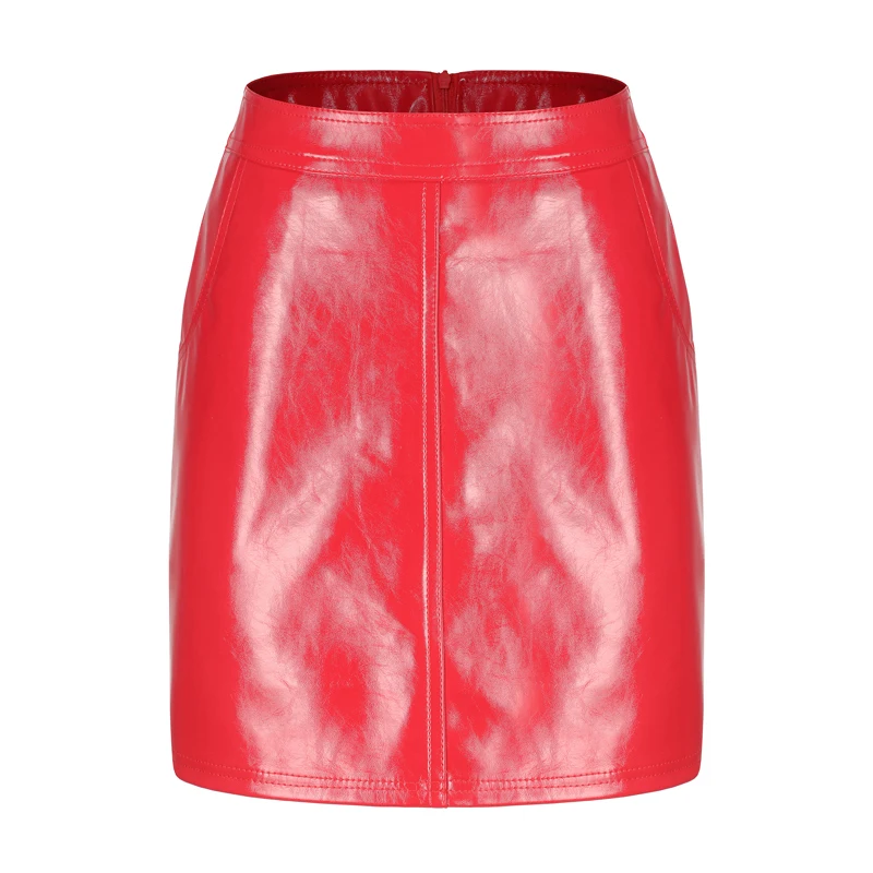 Metallic PU Leather Mini Skirt High Waist Slimming Hip Pack Zipper A-line Shine Short Leather Skirt Red Silver Golden