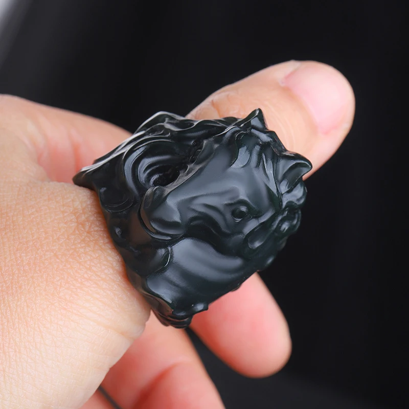 Anillo de Jade Cian Natural Xin Jiang He Tian con Cabeza de Caballo del Zodiaco, Accesorio de Moda para Hombre, Regalo para Fiestas