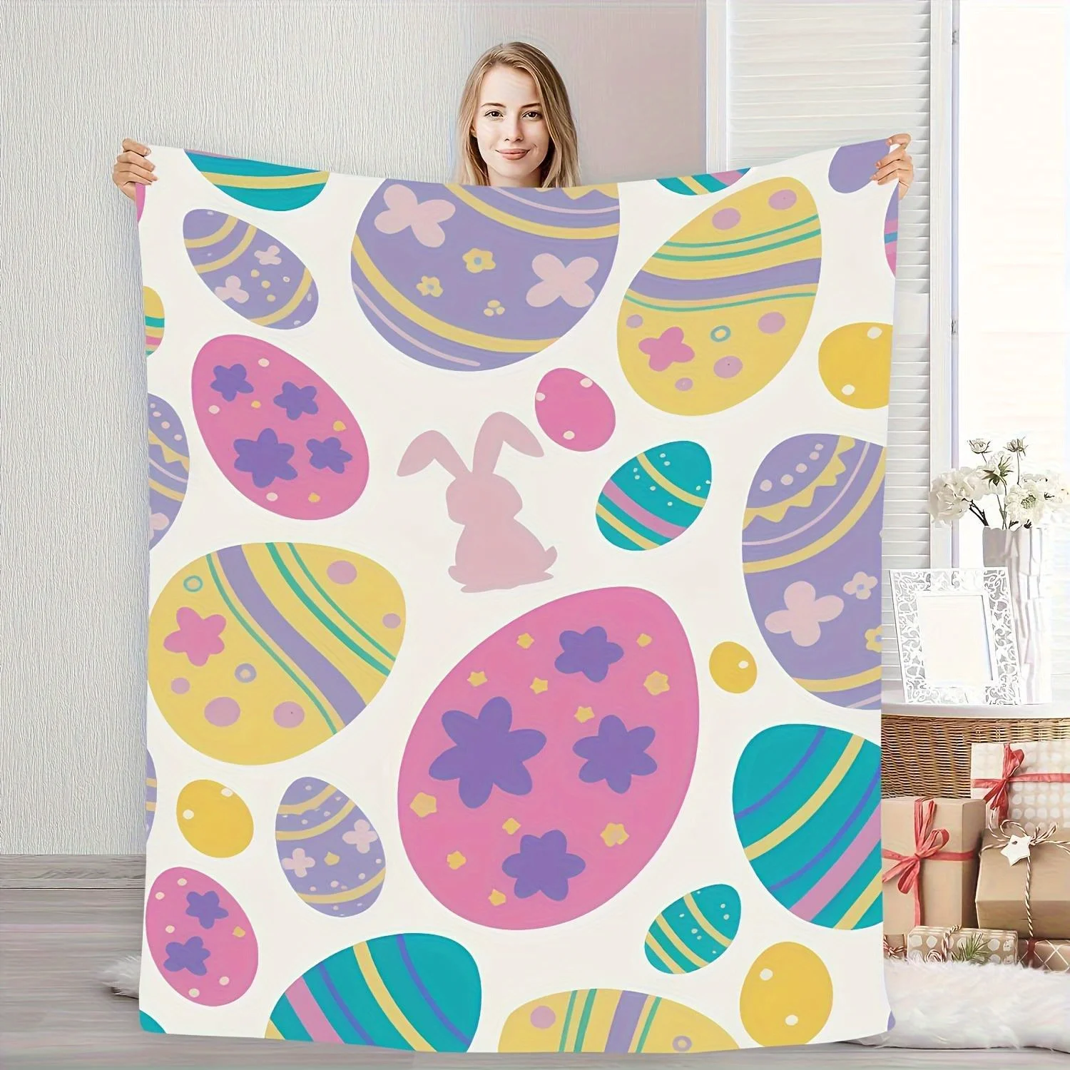 Vibrant Easter Egg Celebration Flannel Blanket - Soft, Warm,Gift for Family, Friends,Office Use,for Sofa, Bed, Travel, Travel