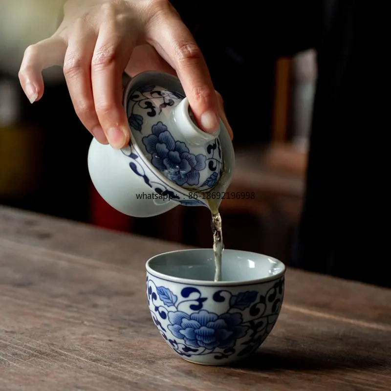 

Сине-белый фарфоровый дорожный чайный набор: чайник и чашка для одного человека, портативный, для использования на природе, экспресс-набор