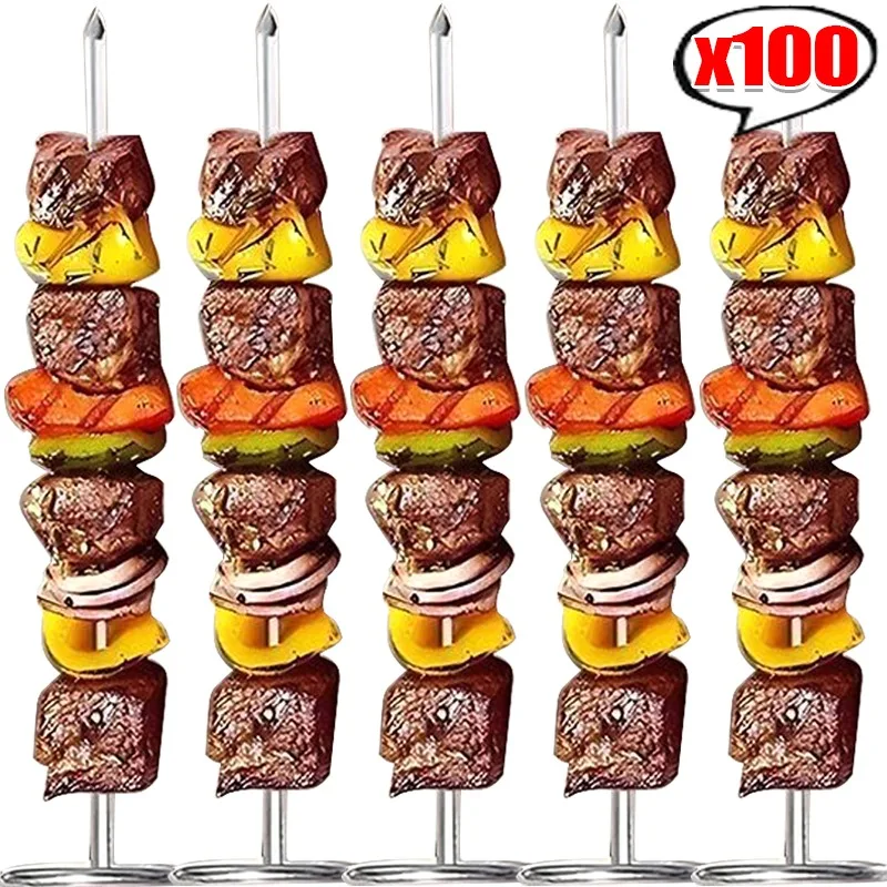 10/100Pcs Stainless Steel Vertical Grill Metal Standing Kebab Skewers Reusable BBQ Sticks Accessories for Fruit Meat Vegetable