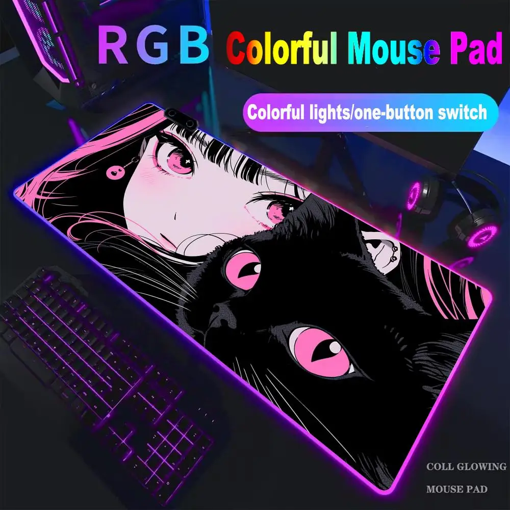 

Gaming Mouse Pad Anime Black Cat Eyes Setup Gaming Keyboard Long Pad Computer Desk Mat Large Rug Office Gadgets Laptop XAXC