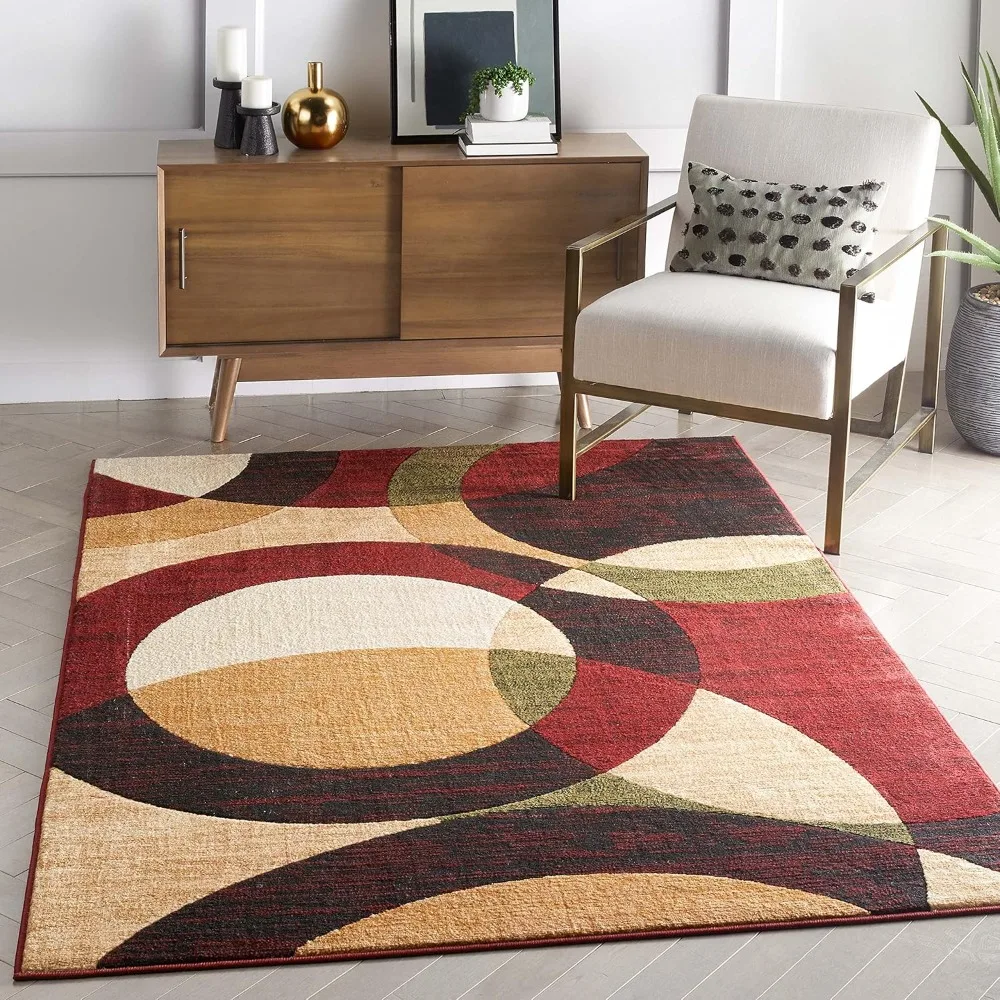 

Dulcet Bingo Red Modern Geometric Area Rug (5'3" x 7'3") A red patchwork carpet is placed in the living room