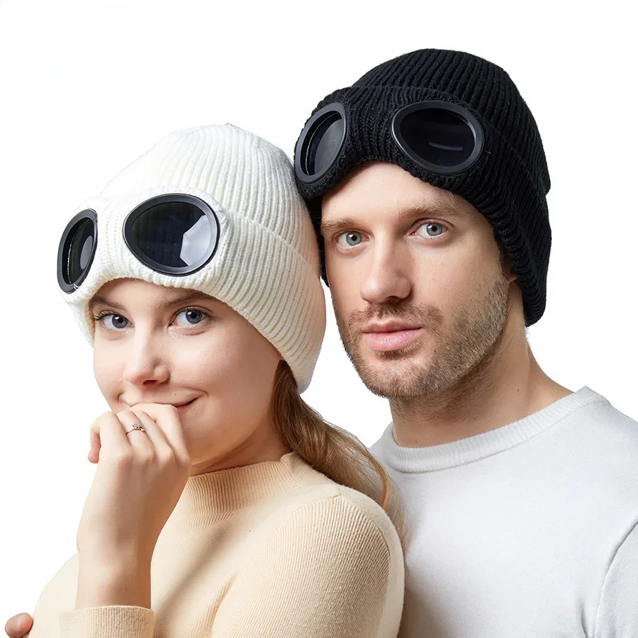 Warm Knit Beanie Unisex with Windproof Goggles Fleece Lined Thick for Winter Outdoor Sports