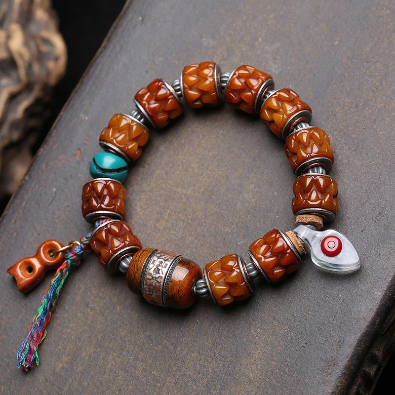 Antique Copper Inlaid With Amulet Bracelet, Single-Loop Yak Bone Charm, Bead Accessory