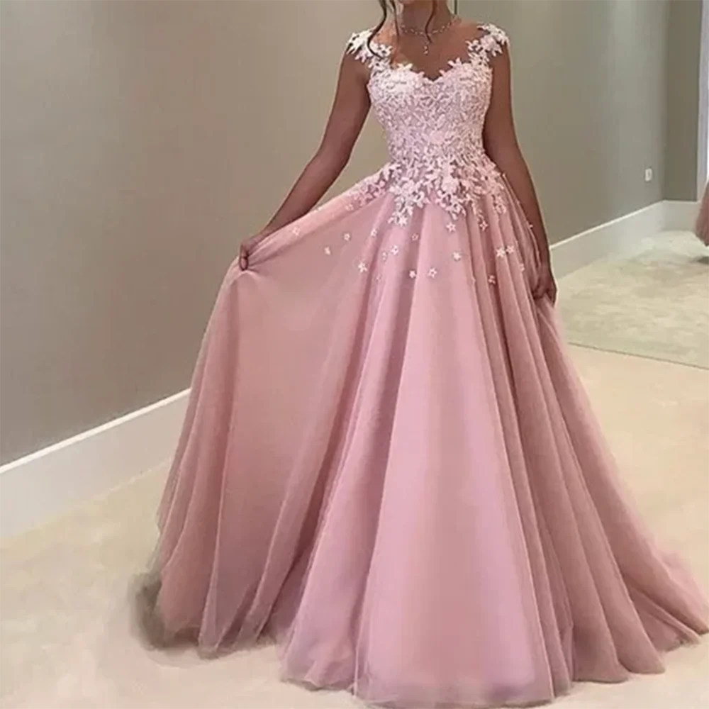 Exquisite Pink Women Evening Dresses Lace Tulle Satin Sleeveless Sweetheart Princess Pretty Luxury فساتين سهره Vestidos De Gala