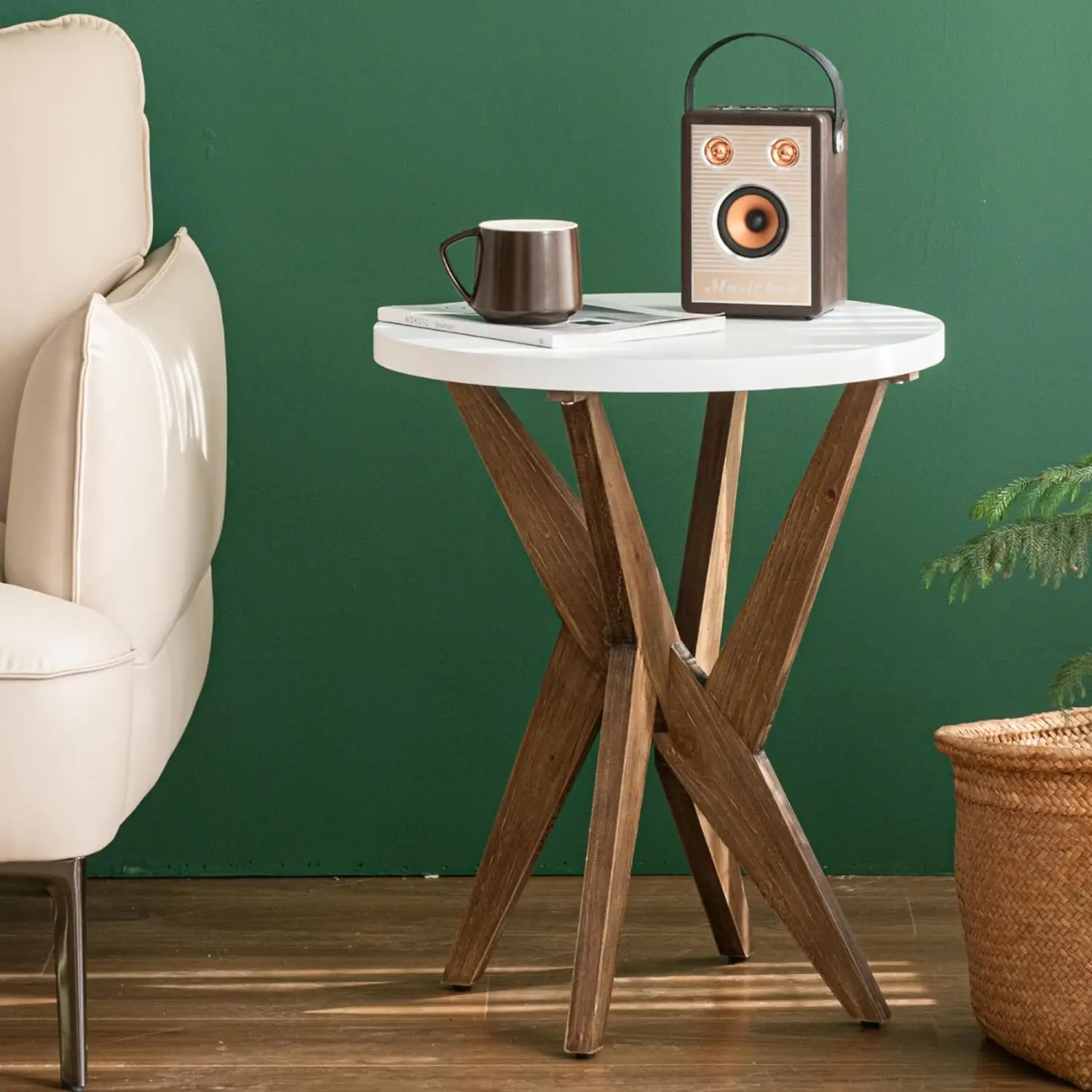 

Circular coffee table with solid wood crossed legs and smooth white top, suitable for living rooms, balconies, and small spaces