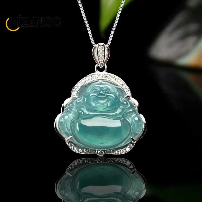 

Natural Ice Blue Water Jadeite Inlaid 925 Silver Maitreya Buddha Pendant High-grade Fashion Ladies Jewellery Holiday Gift
