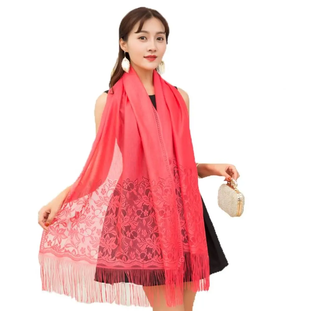 Summer Long Silk Scarf Breathable Lace Tassel Shawls Pure Color Hollow Sheer Wrap Women