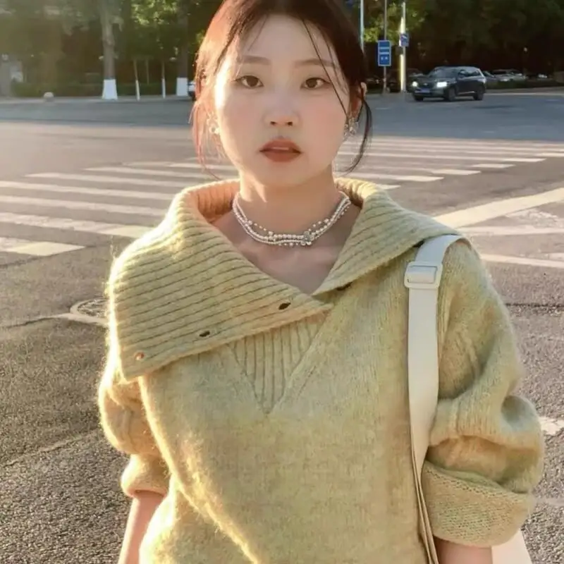 

Yellow lapel pullover knitted sweater for women autumn and winter 2025 new winter thickened loose outer wear lazy style tops