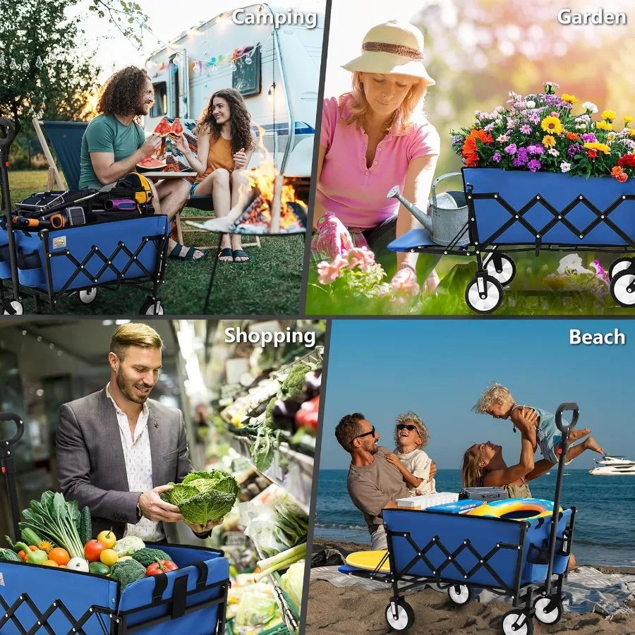 รถเข็นพับได้พร้อมล้อและฝาท้าย รับน้ำหนักได้ 330 ปอนด์ ความจุ 120 ลิตร ด้ามจับปรับได้ พกพาสะดวก รถเข็นอเนกประสงค์แบบพับได้