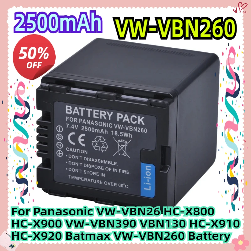 

For Panasonic VW-VBN26 HC-X800 HC-X900 VW-VBN390 VBN130 HC-X910 HC-X920 Batmax 2500mAh VW-VBN260 Battery