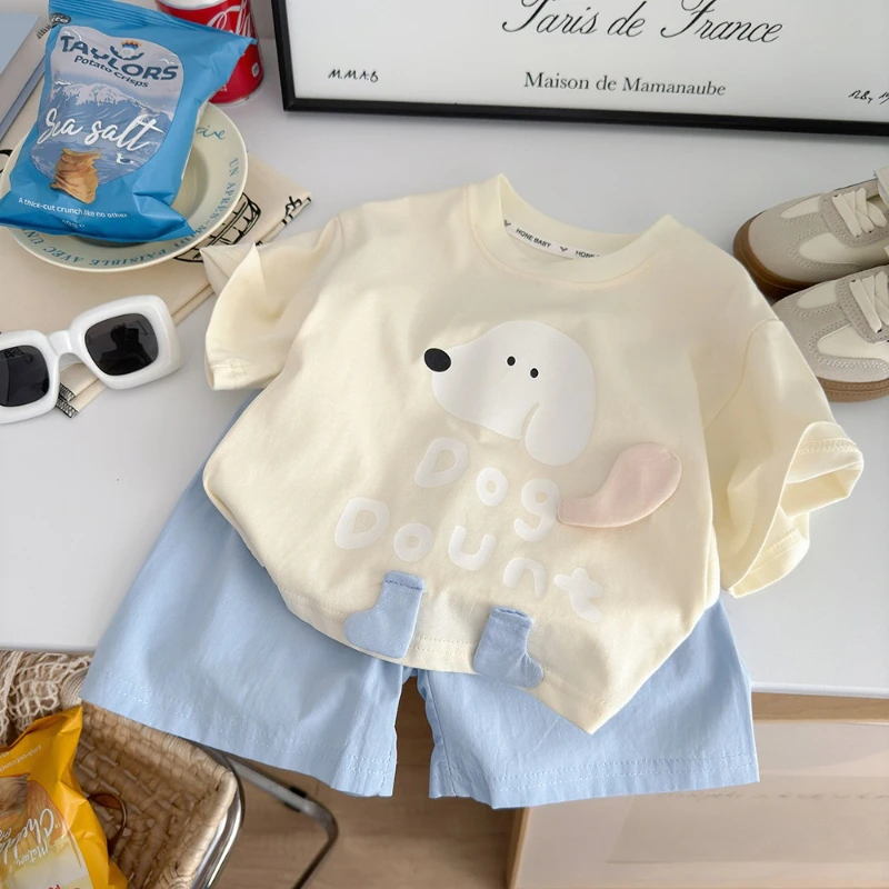 

2025 Summer New Children's Cartoon Printed Pure Cotton Fun 3D Puppy Top and Shorts Two Piece Set