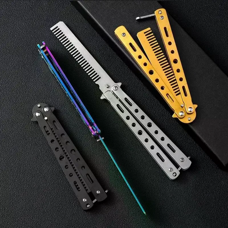 1Pcs Stainless Steel Practice Training Butterfly Knife Comb Beard Moustache Brush Salon Hairdressing Styling Tool Foldable Comb