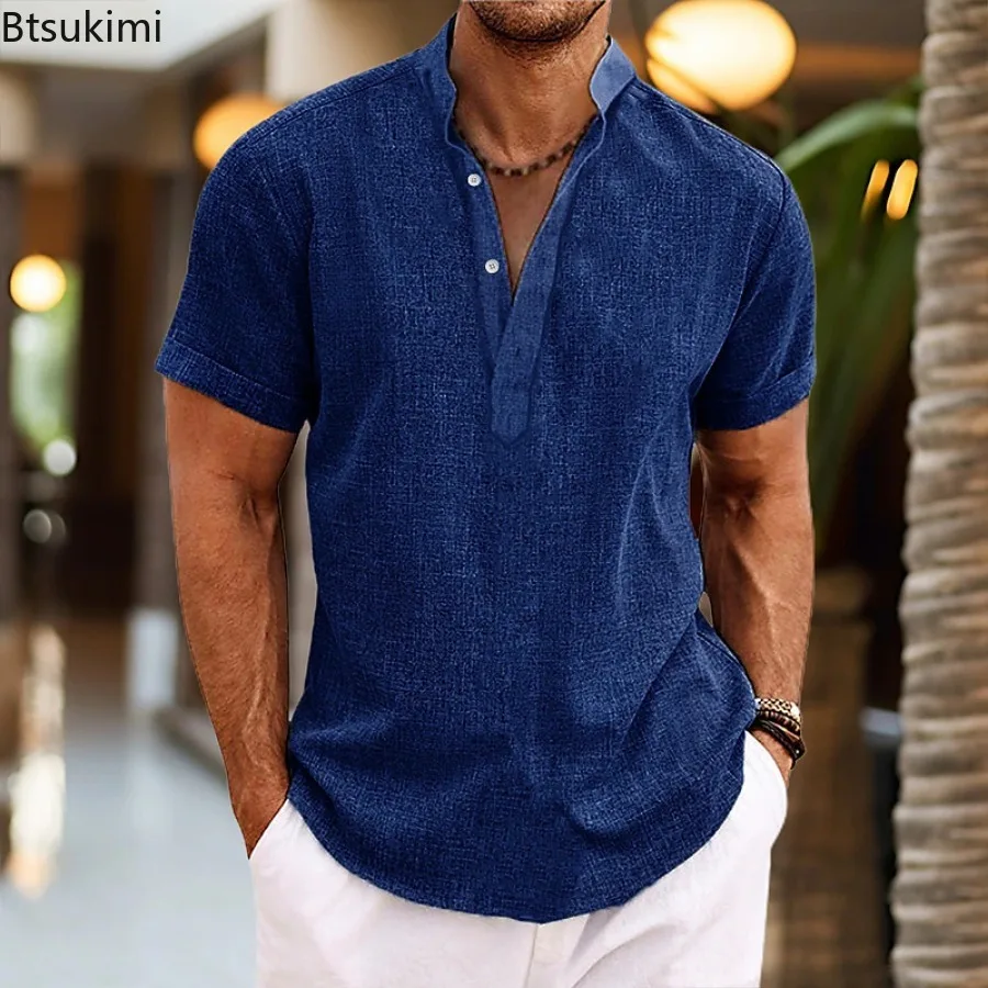 Summer New Men's Casual Short Sleeve Shirts Solid Vintage Cotton Linen Shirts High Quality Stand Collar Tops Male Beach Blouses